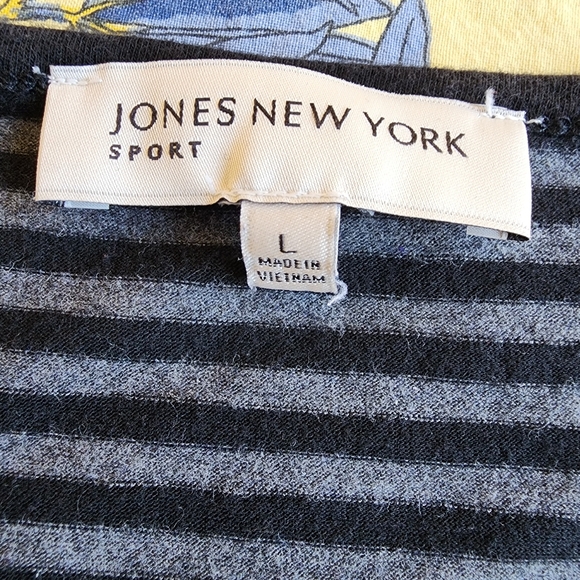 Jones New York Sport Babydoll Henley Shirt Tee Y2K L Black Gray Striped Boho - Picture 2 of 7